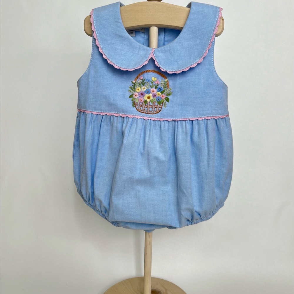 NWOT Sweet Dreams Light Blue Bubble Romper with Pink Trim - Easter